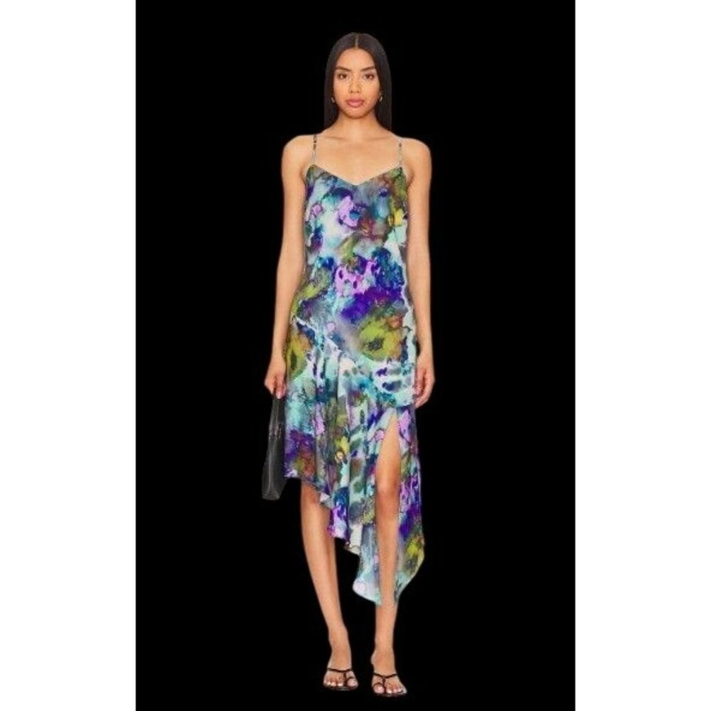 Steve Madden Water Color Elysia Silky Sleeveless Asymmetrical Midi L Whimsy